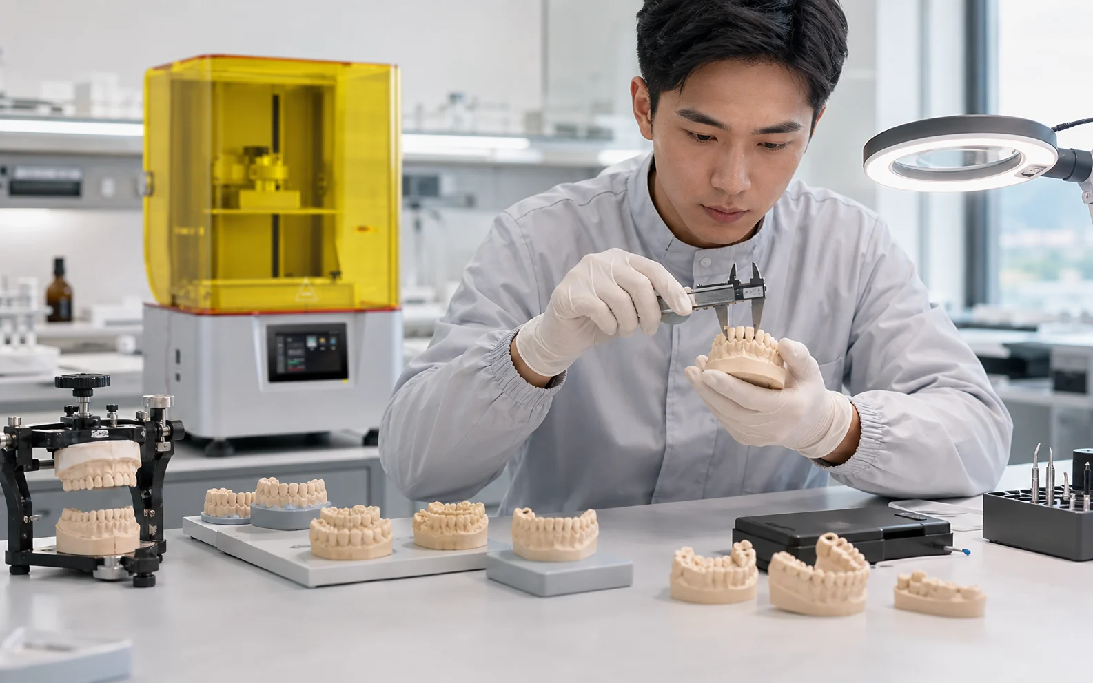 Completed dental models arranged for laboratory inspection