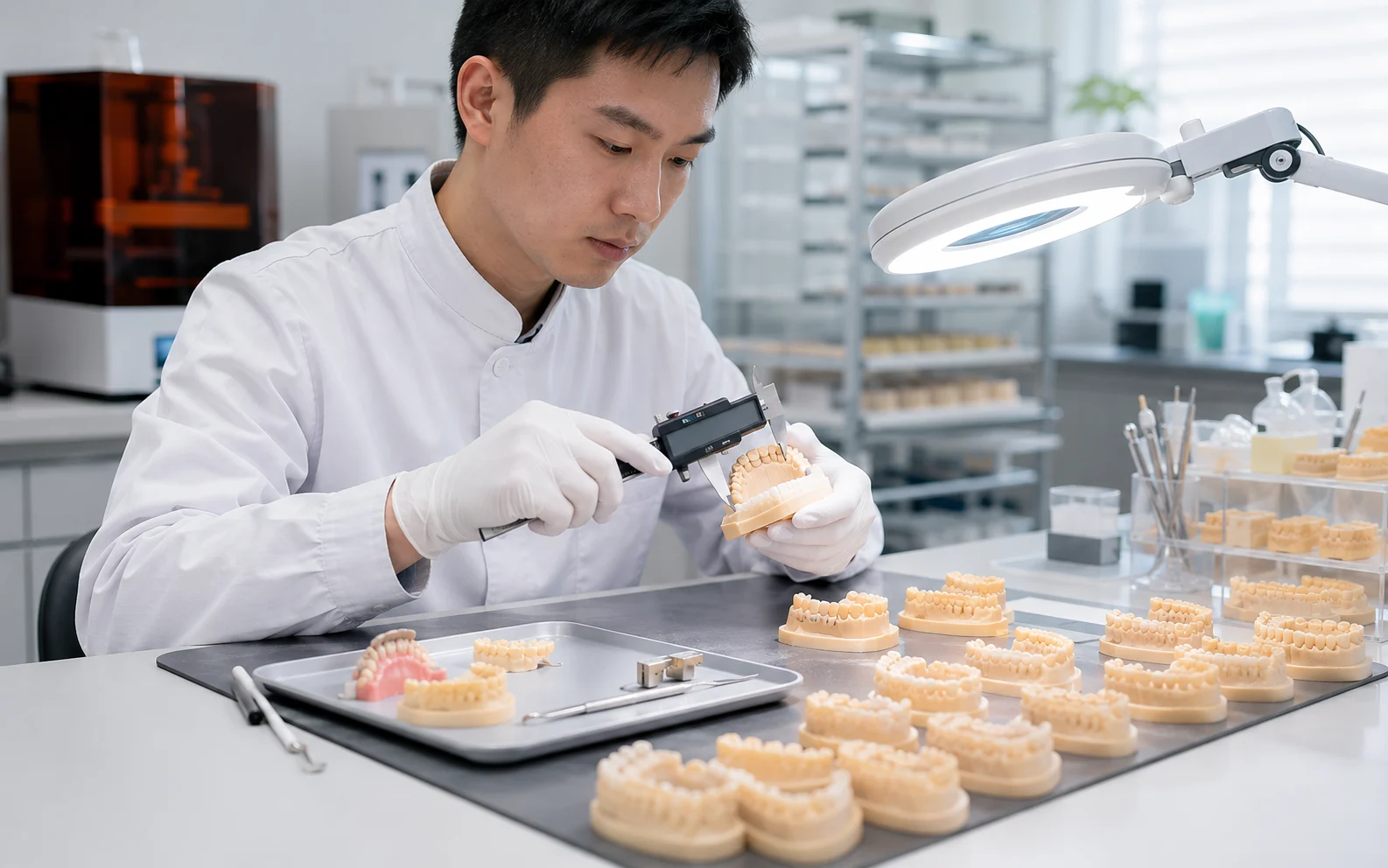 Technician wearing clean gloves inspecting finished resin 3D printed dental models in a bright dental laboratory