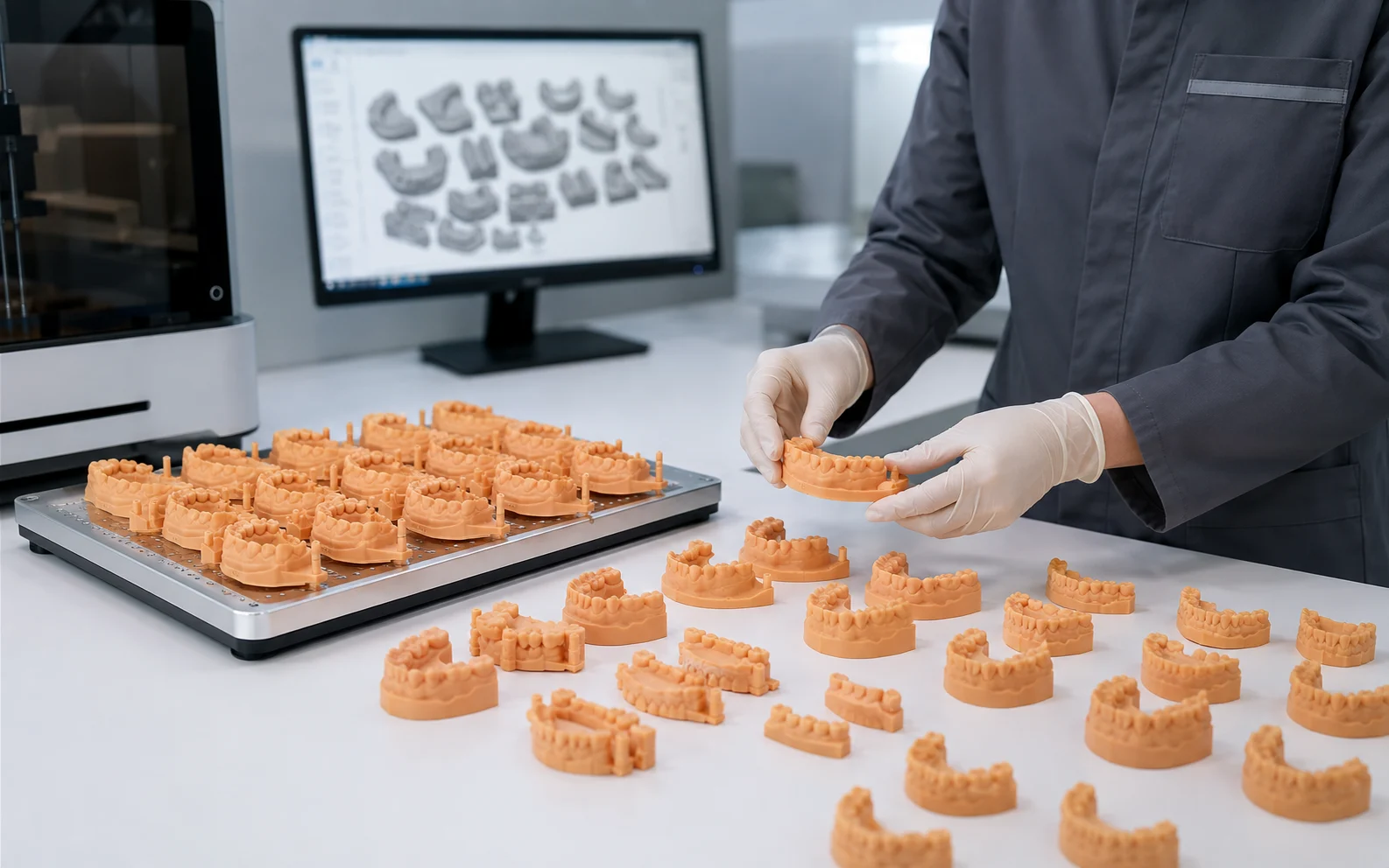 Rows of completed resin 3D printed dental and orthodontic models prepared for laboratory review