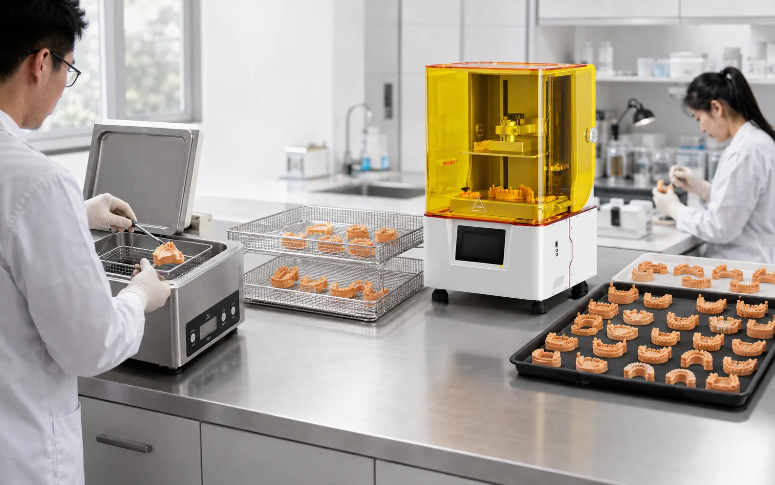 Dental resin 3D printing post-processing workflow with washing, complete drying, UV curing and model staging