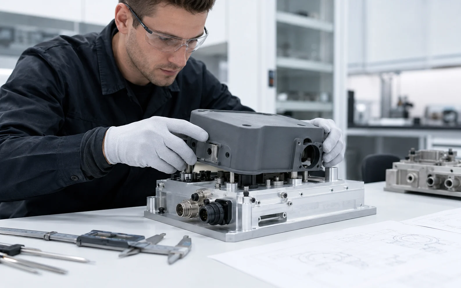 Fully post-processed resin engineering component being checked against a real mechanical assembly