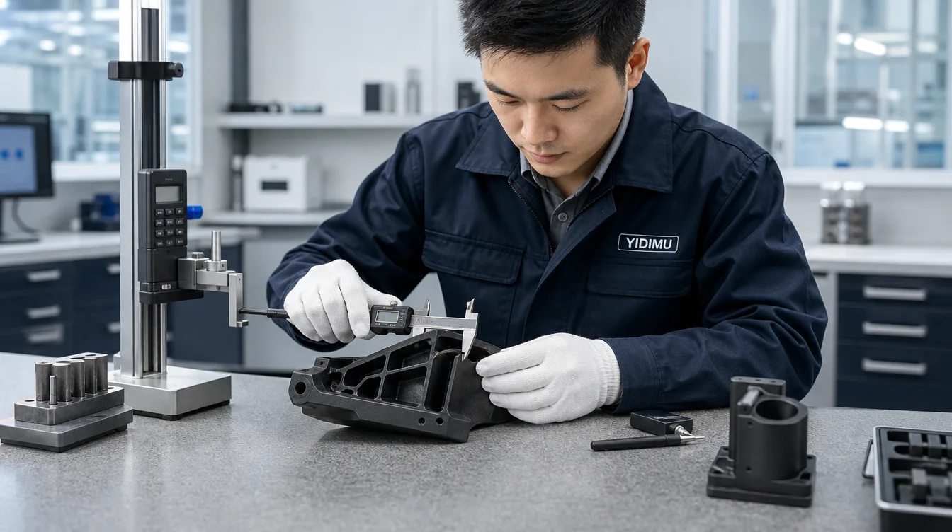 Engineer checking a finished resin model with dimensional inspection tools on a precision workbench
