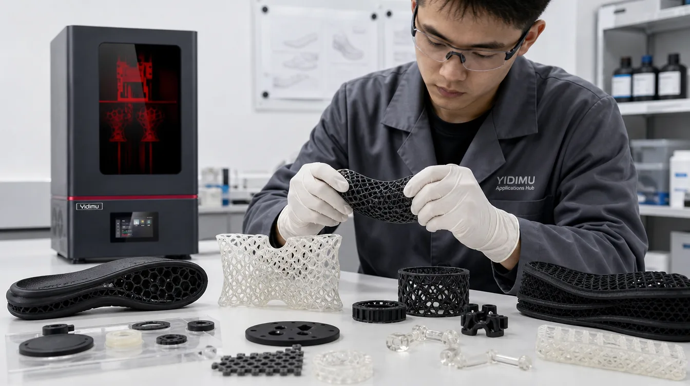 Flexible resin lattice, footwear cushioning and elastomer part evaluation