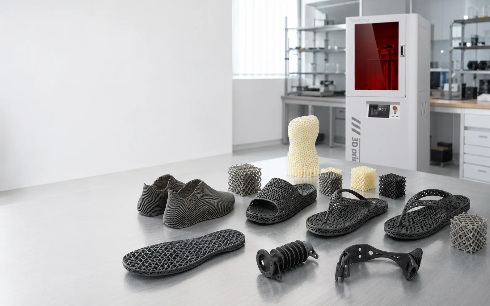 Flexible lattice sole, cushioning structures and elastomer engineering parts in a bright product-development lab