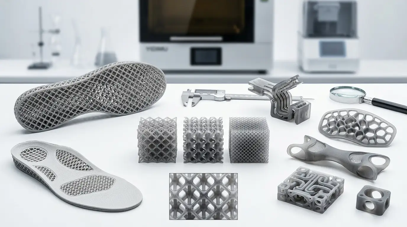 Different flexible lattice structures, footwear cushioning samples, insoles and engineering elastomer parts