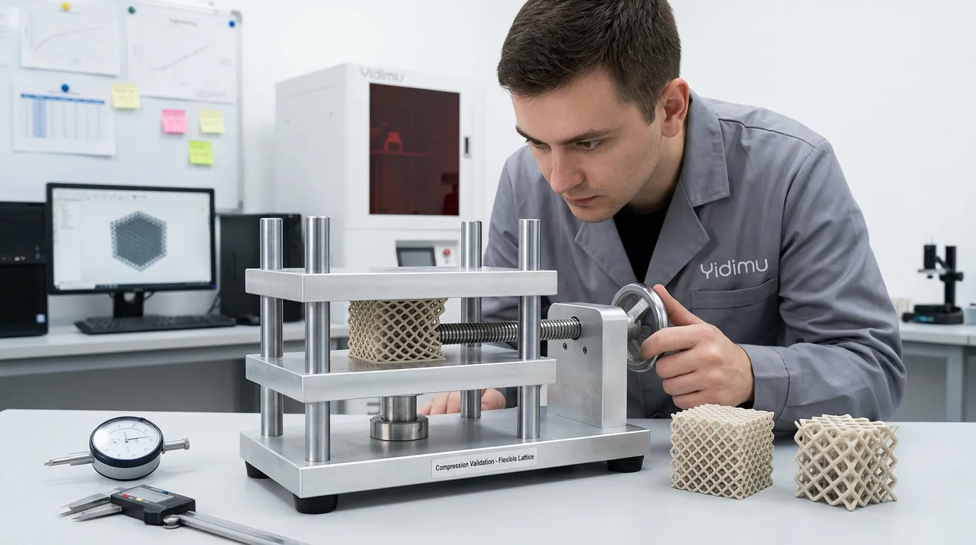 Engineer using a simple mechanical compression fixture to compare finished flexible lattice samples
