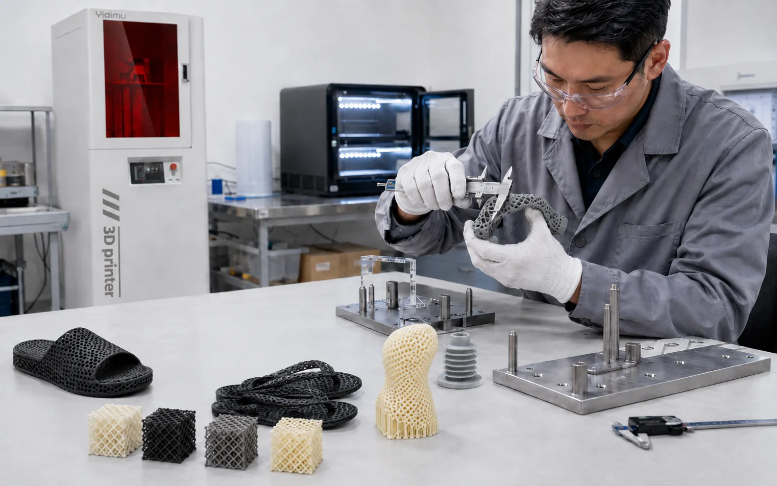 Fully washed, completely dried and UV post-cured flexible parts being inspected and compared in an engineering lab