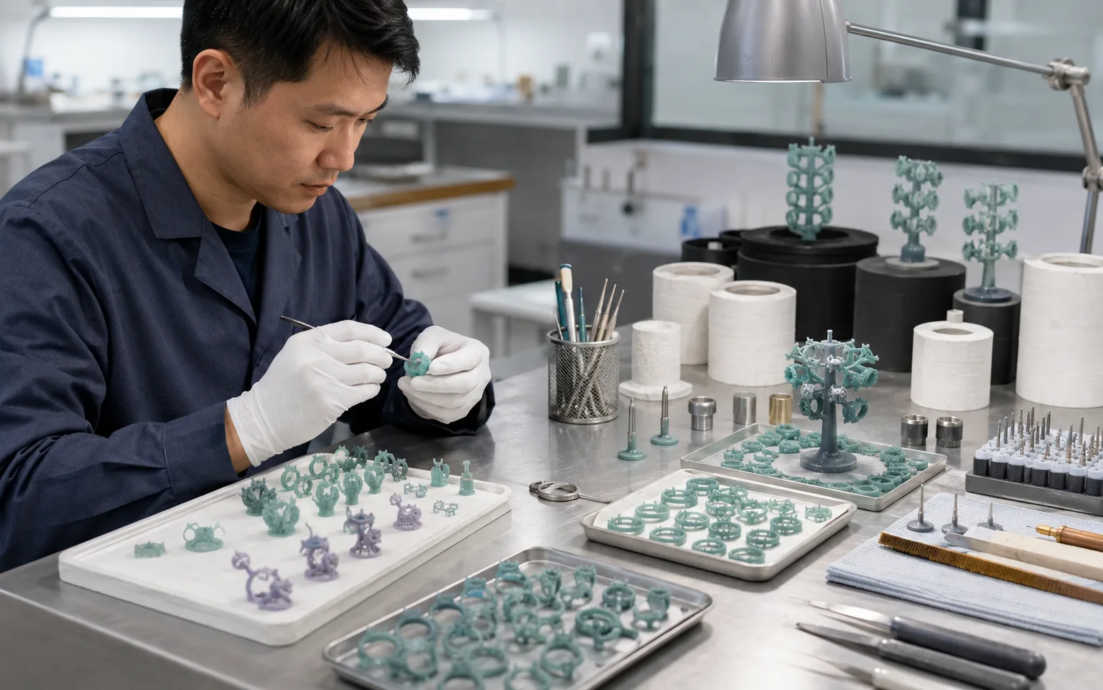 Resin jewelry patterns and professional sprue preparation for an investment-casting workflow