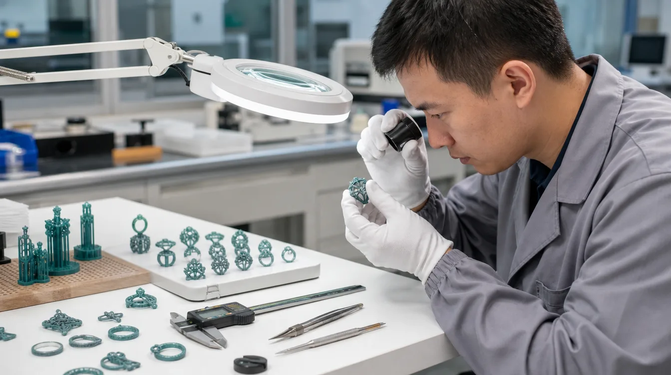 Technician inspecting a post-processed resin jewelry pattern with precision inspection tools