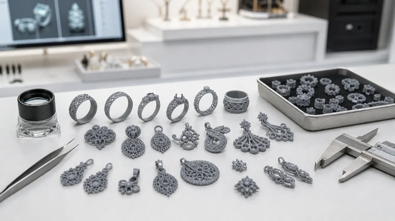 Detailed resin jewelry models including rings pendants and ornamental parts arranged for inspection