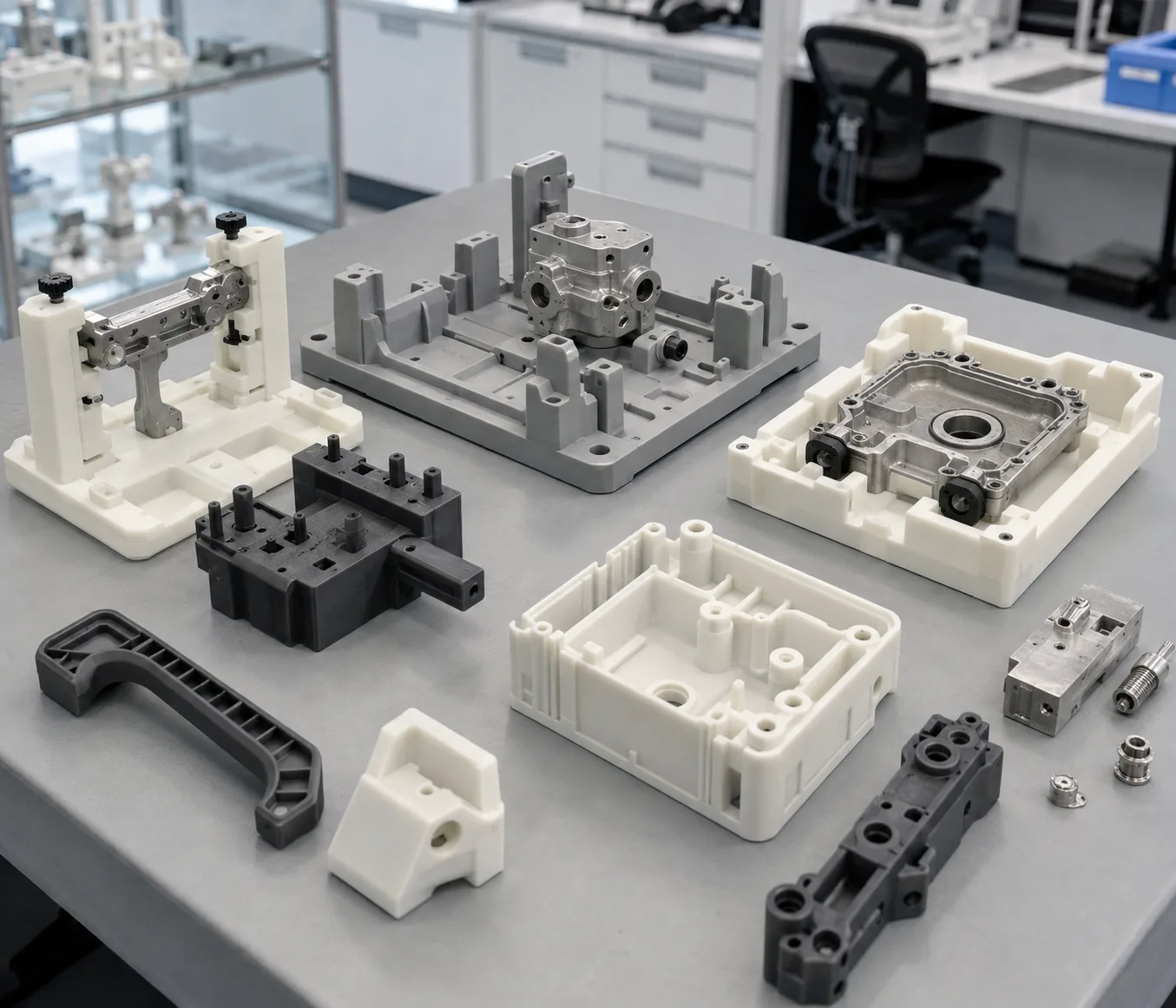Selection of resin 3D printed assembly jigs, positioning fixtures, checking tools and engineering prototype parts