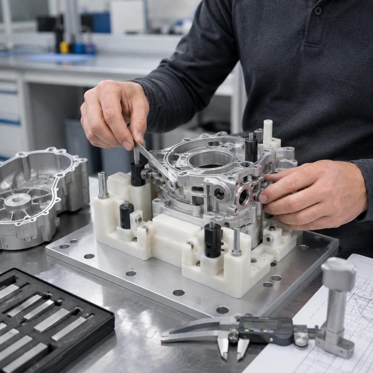 Post-processed resin 3D printed checking fixture being used with a real component for fit and assembly inspection