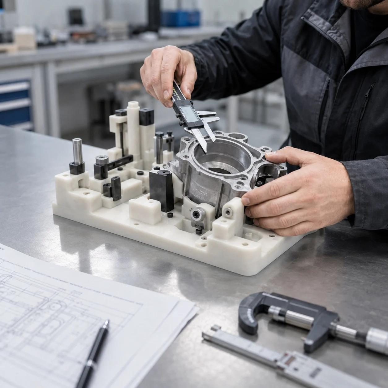 Engineer inspecting locating features and dimensions on a post-processed resin 3D printed fixture