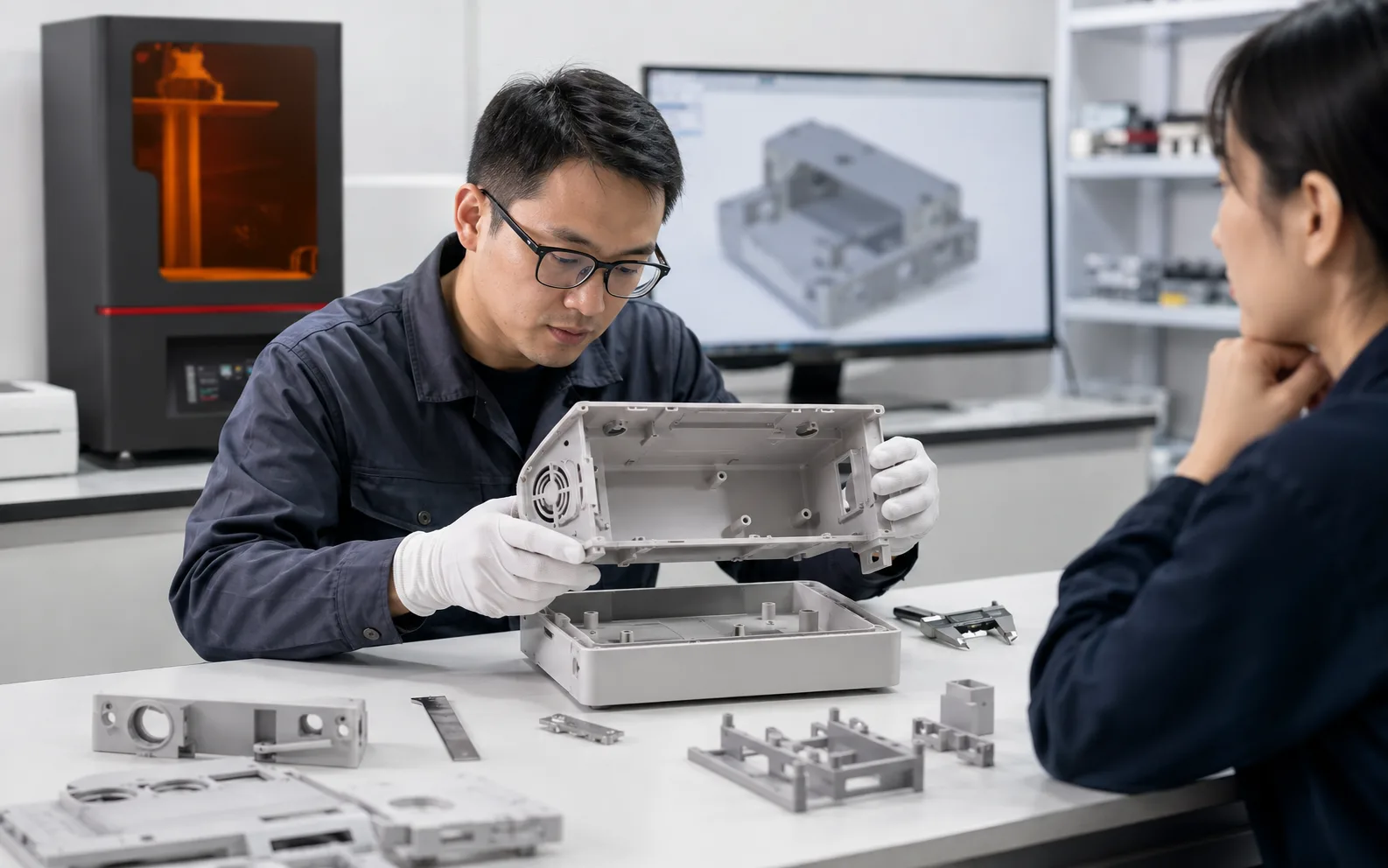 Engineer assembling a multi-part resin prototype with existing components for alignment review