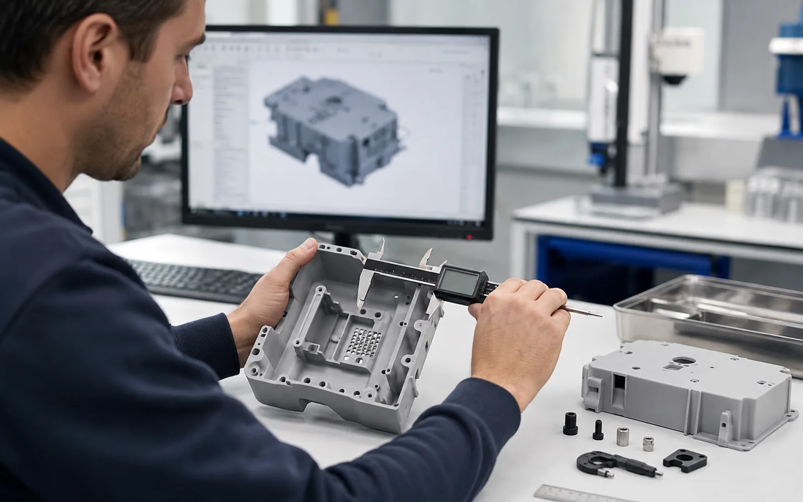 Dimensional inspection of a fully post-processed resin engineering prototype using digital calipers