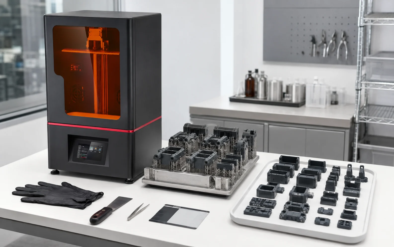 Multiple resin engineering parts arranged as a representative small-batch build