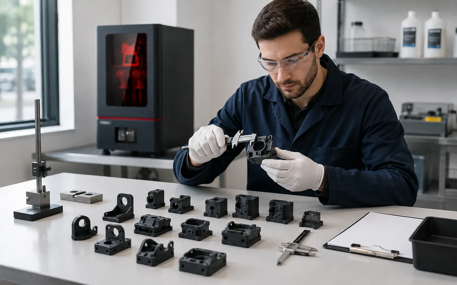 Engineer inspecting representative resin parts from a small production batch using dimensional and visual checks