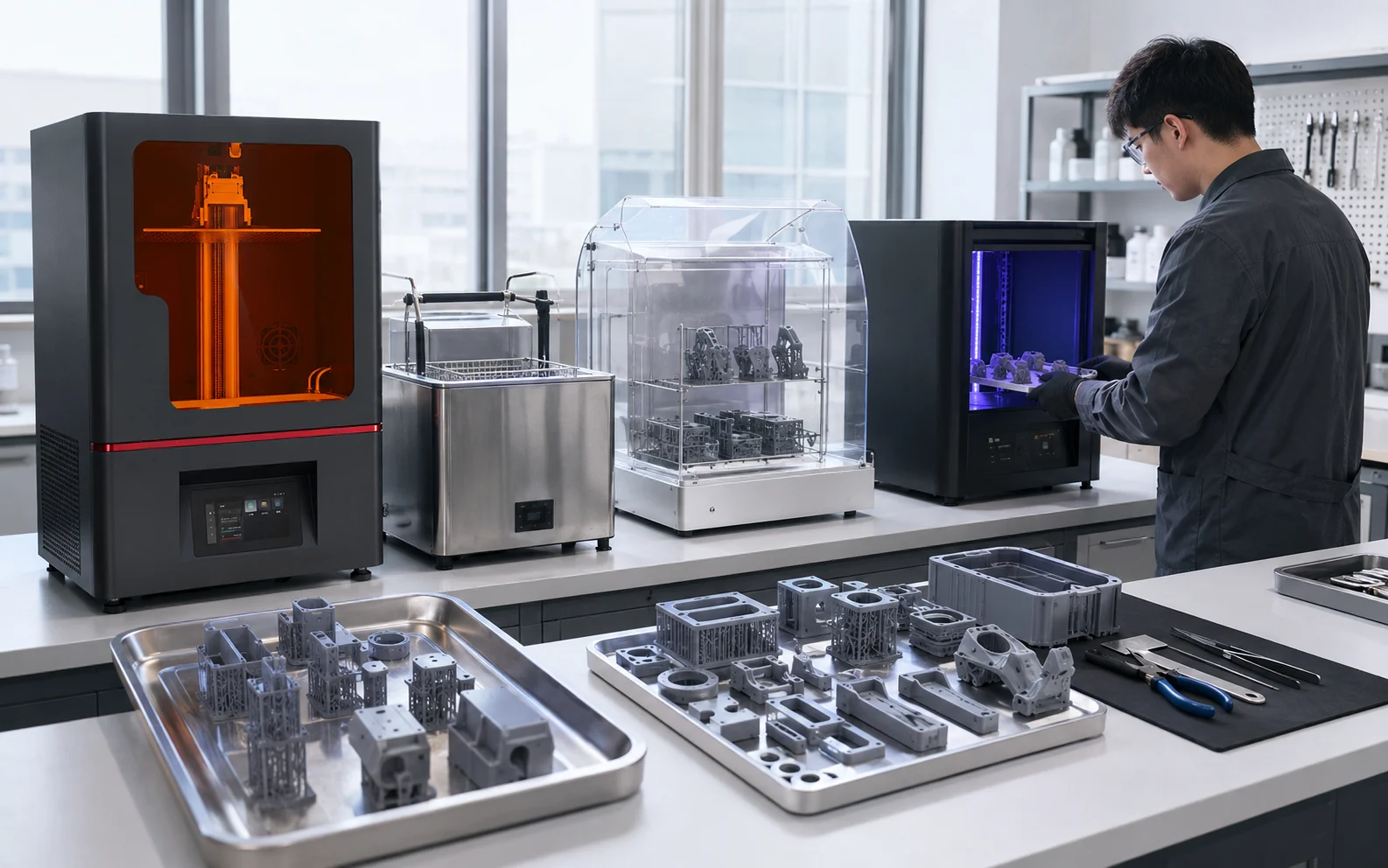 Processed resin parts in a clean small-batch post-processing area after washing, drying and UV post-curing