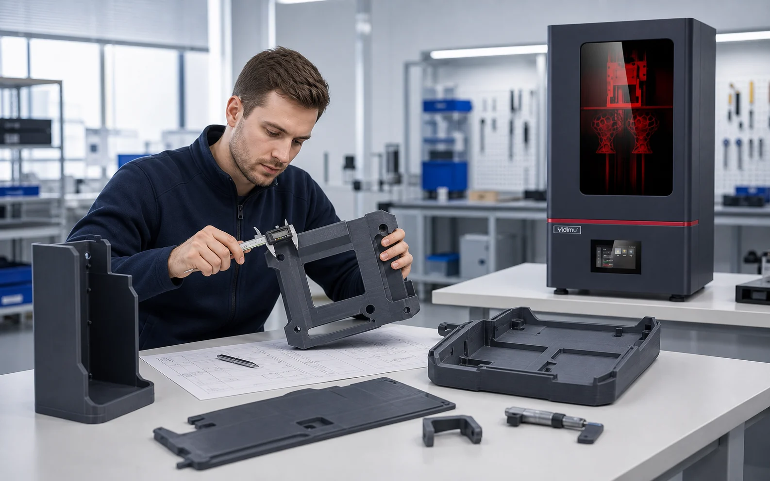 Engineer reviewing large resin housings and industrial prototype parts beside an Eternal M1 3D printer