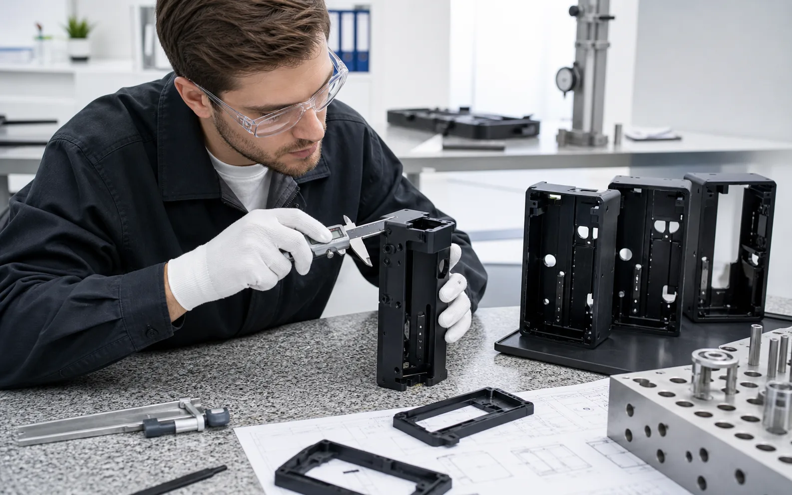 Quality engineer measuring a fully post-processed resin engineering part during final inspection