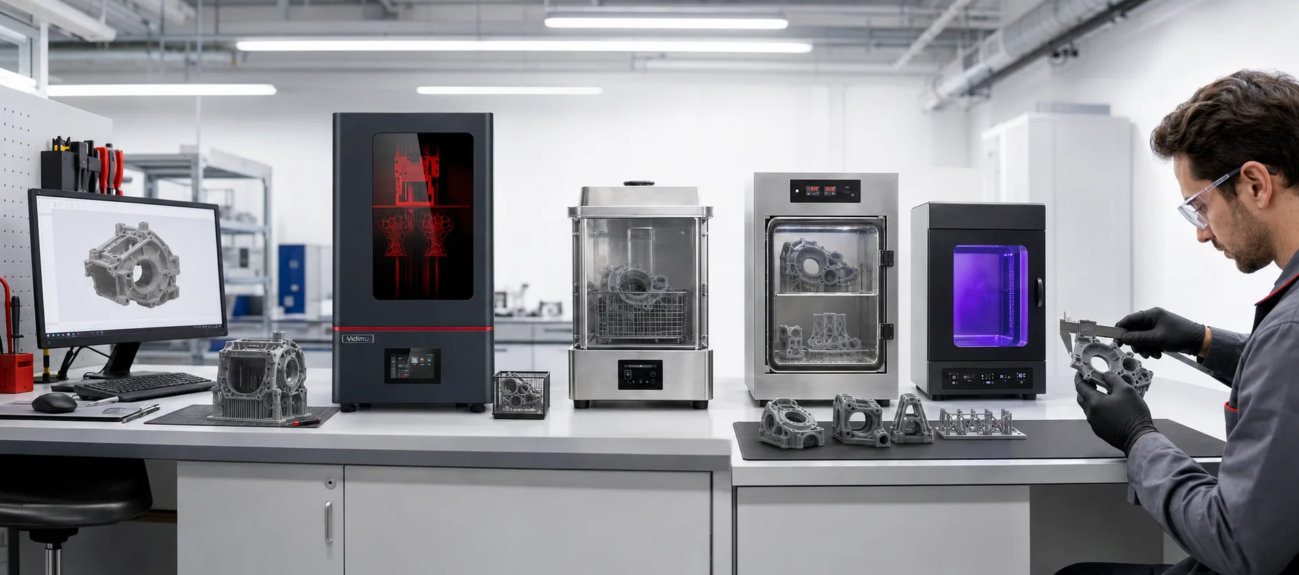 Industrial resin 3D printing workflow from build preparation and Eternal M1 printing through washing, drying, UV post-curing and inspection