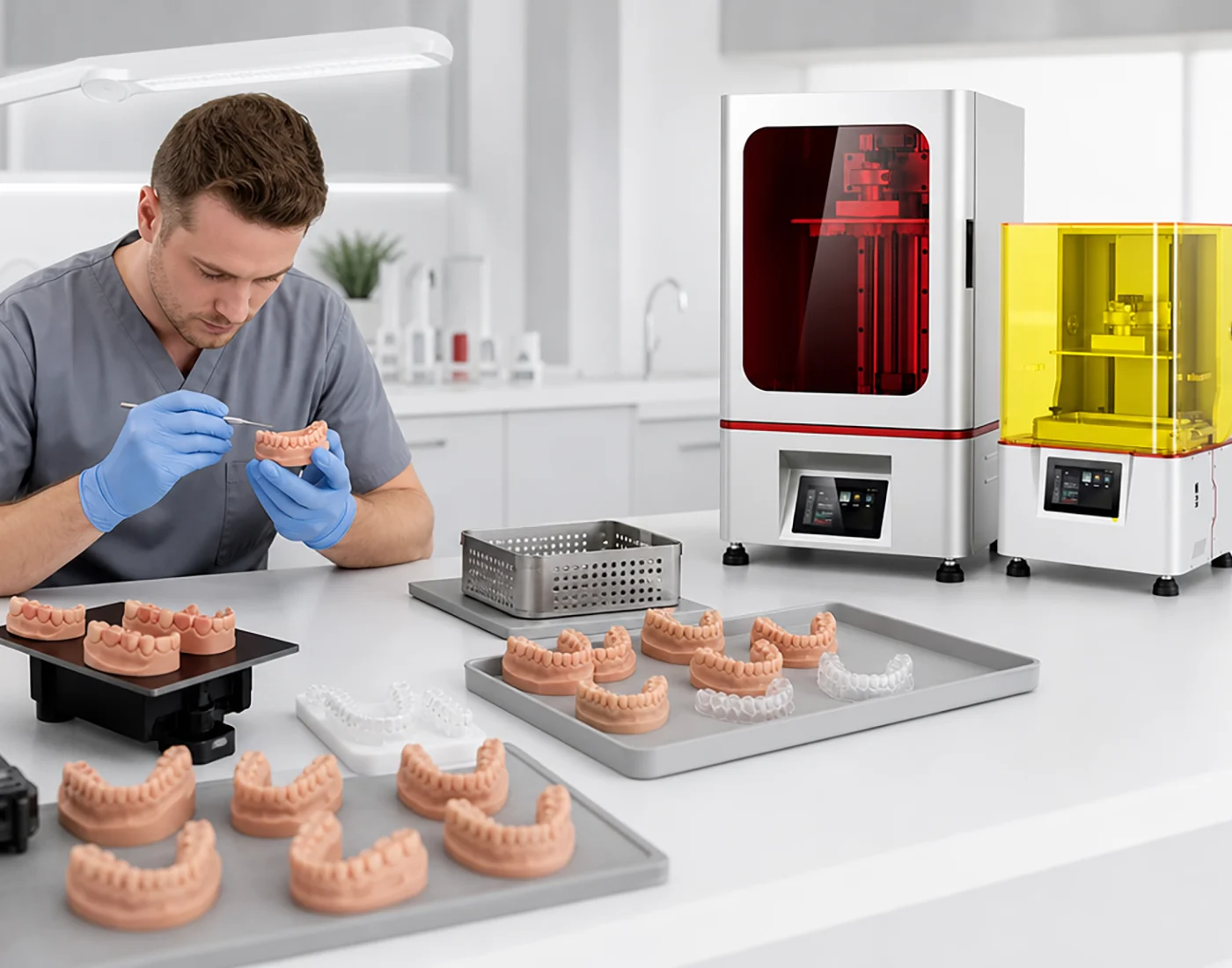 Technician reviewing finished dental models during final workflow evaluation