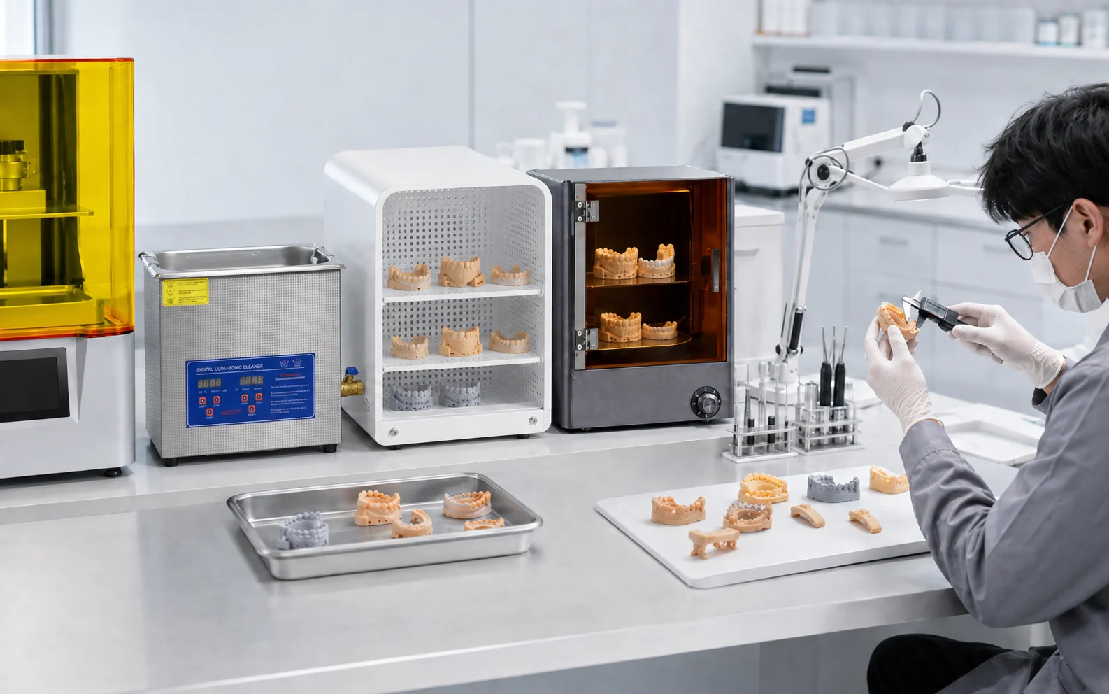 Dental resin 3D printing washing, drying, UV post-curing and final inspection workflow