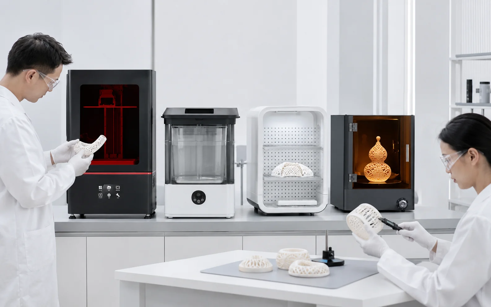 Flexible resin 3D print washing drying post-curing and inspection workflow