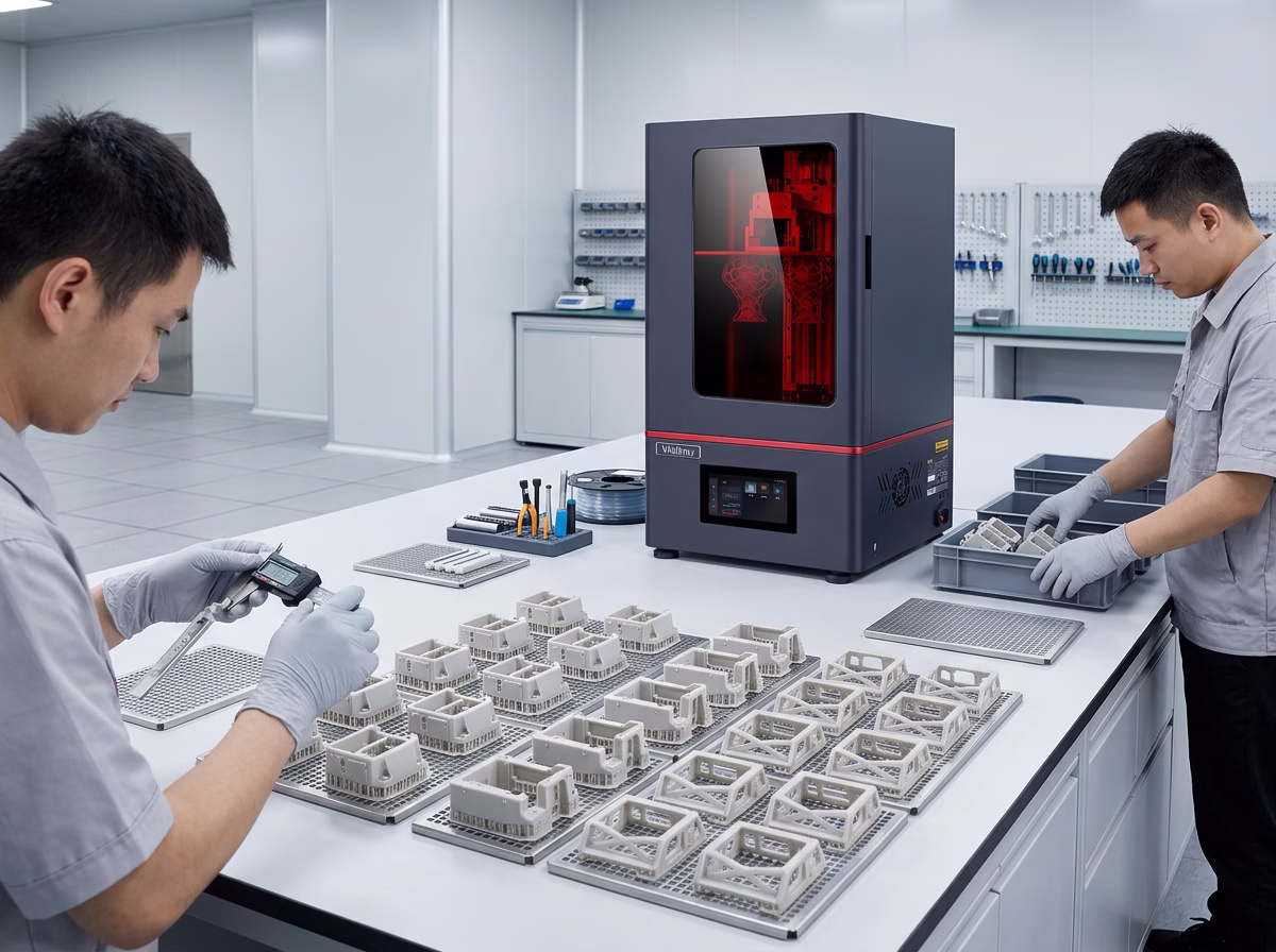 Multiple resin 3D printed parts arranged for small-batch production