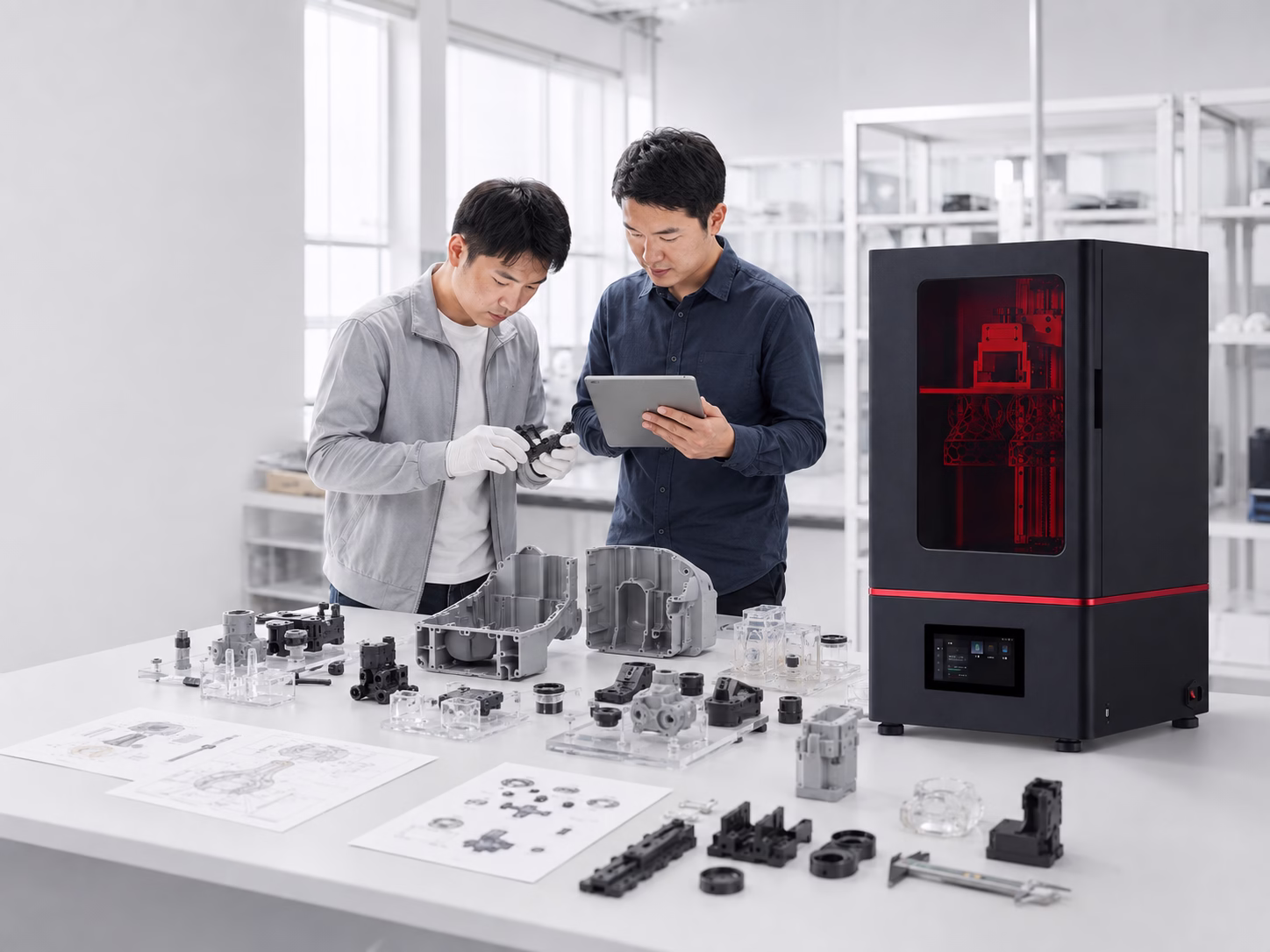 Engineers evaluating resin 3D printed prototypes, dimensions and assembly fit