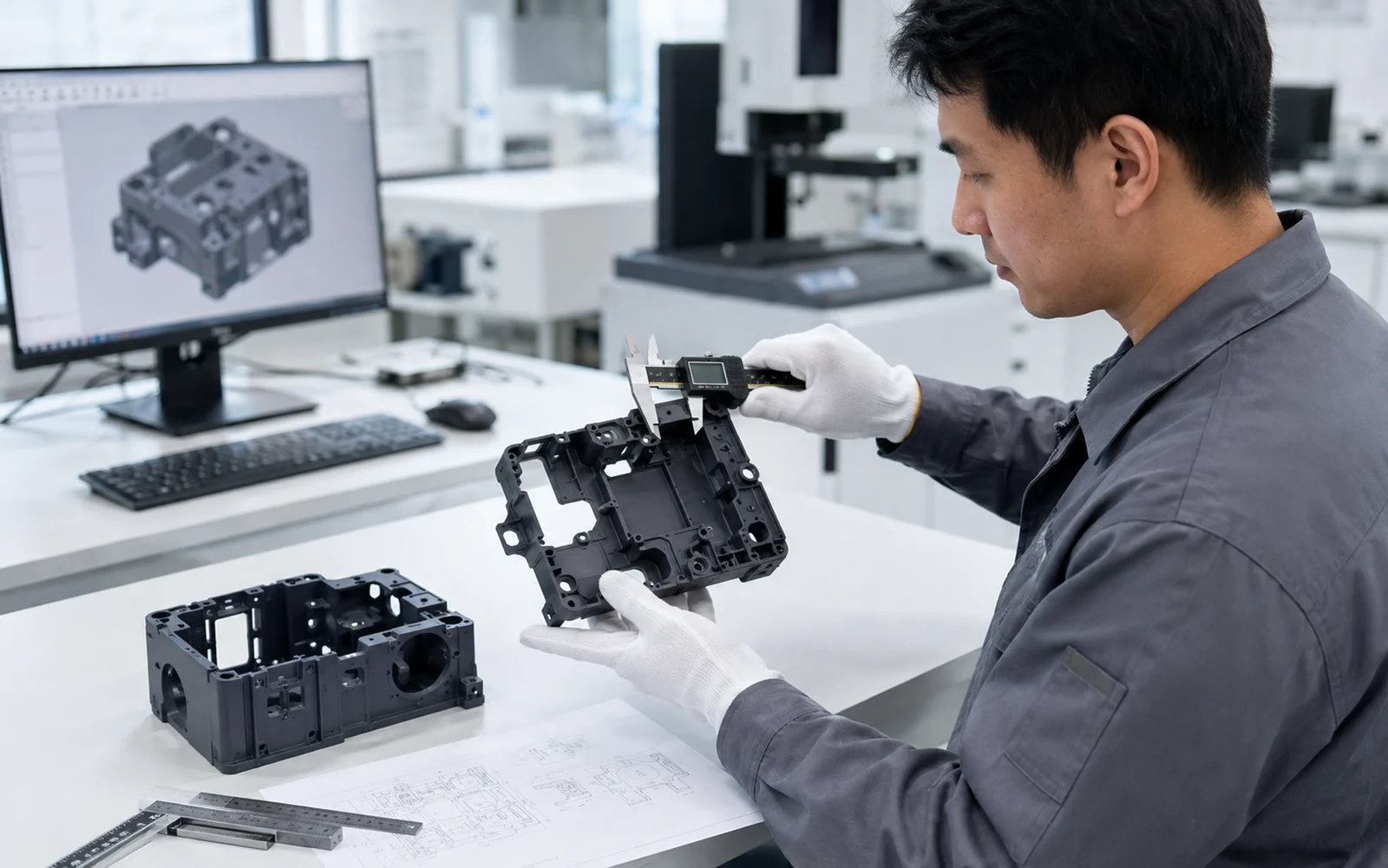 Engineer inspecting a finished resin 3D printed prototype with dimensional inspection tools