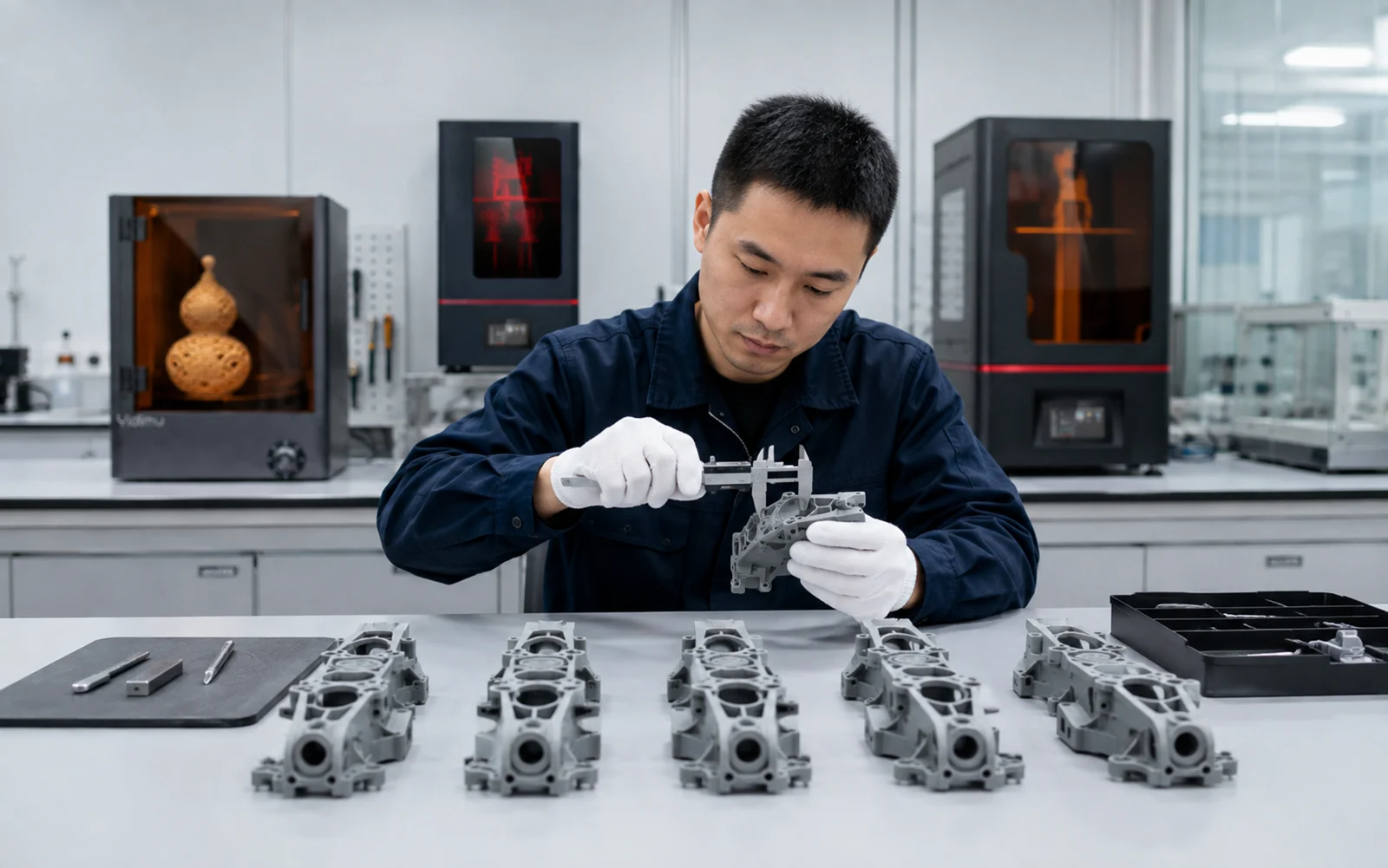 Controlled batch of finished resin 3D printed engineering parts prepared for inspection