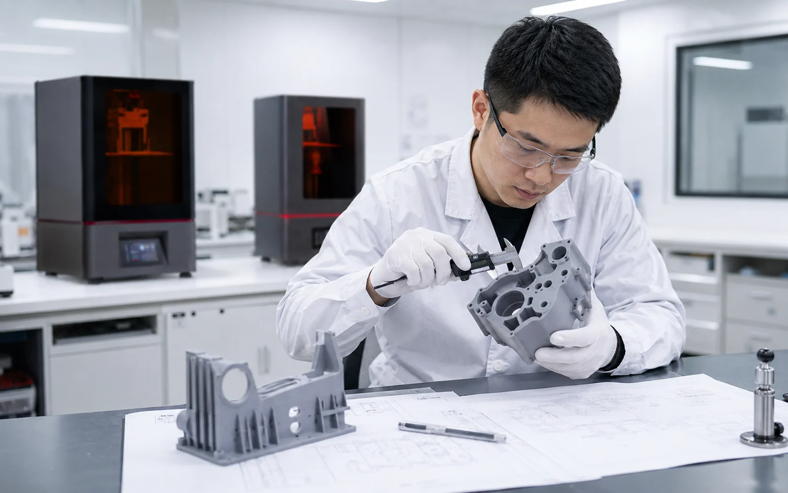 Finished resin 3D printed engineering sample undergoing workflow validation and inspection