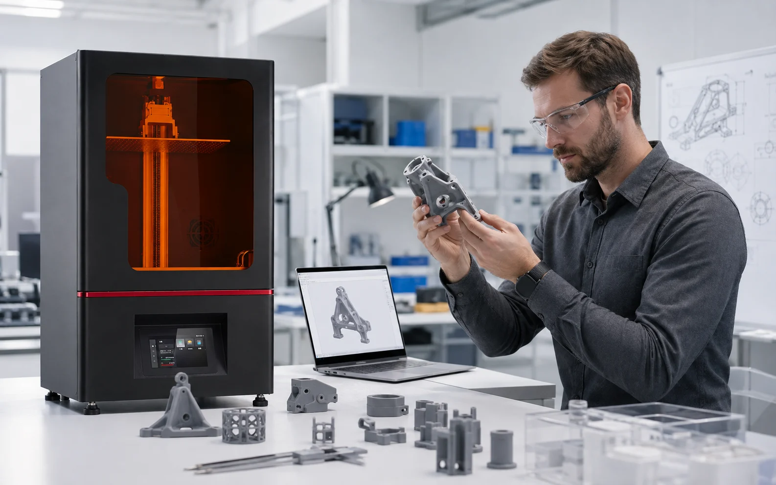 Engineer reviewing a 3D printed engineering part beside a YIDIMU resin 3D printer