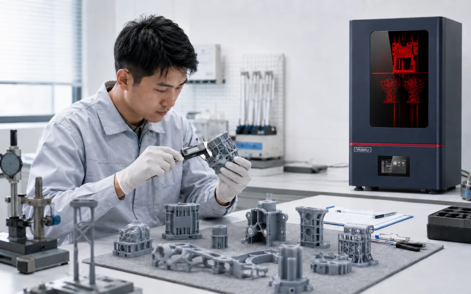 Engineer measuring a resin 3D printed part during sample validation