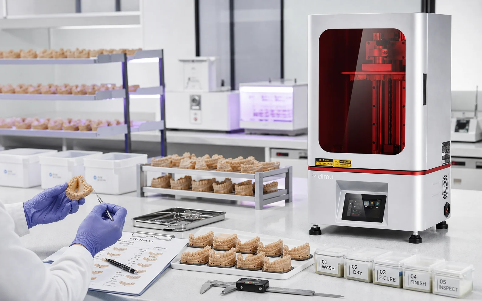 Multiple fully post-processed dental models organized for batch laboratory inspection near the Eternal D1