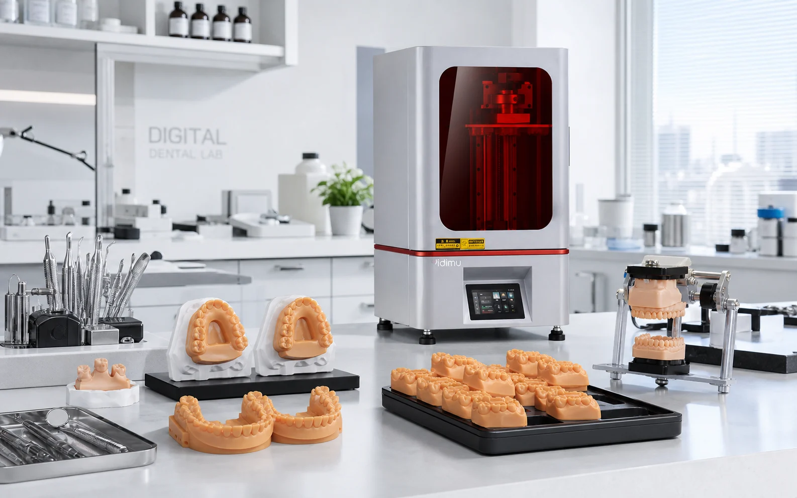 Finished resin dental and orthodontic working models beside the Eternal D1 in a dental laboratory