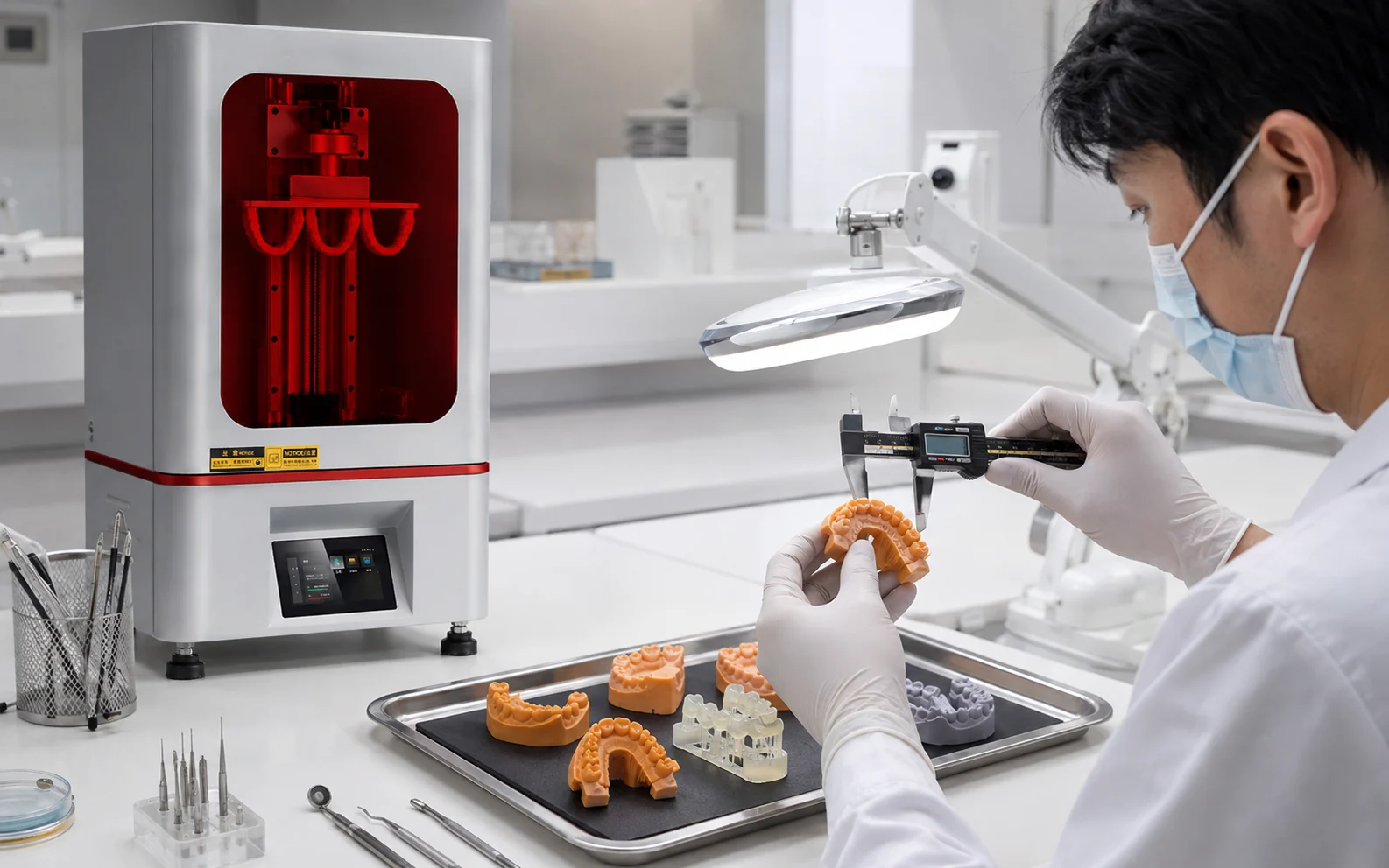 Quality technician measuring a fully washed dried UV post-cured and finished resin dental model with a digital caliper