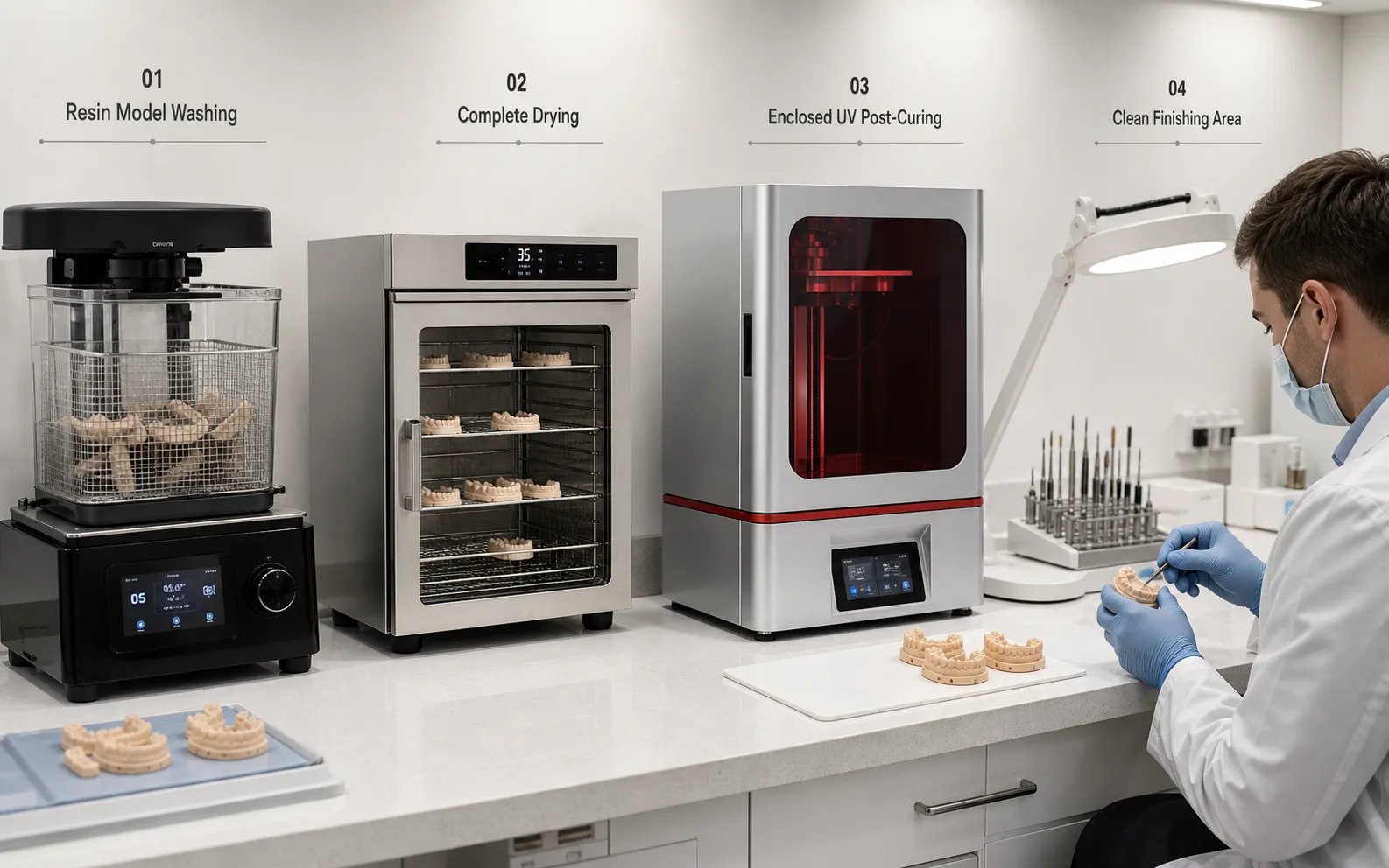 Organized dental resin model post-processing area with washing complete drying and enclosed UV post-curing equipment