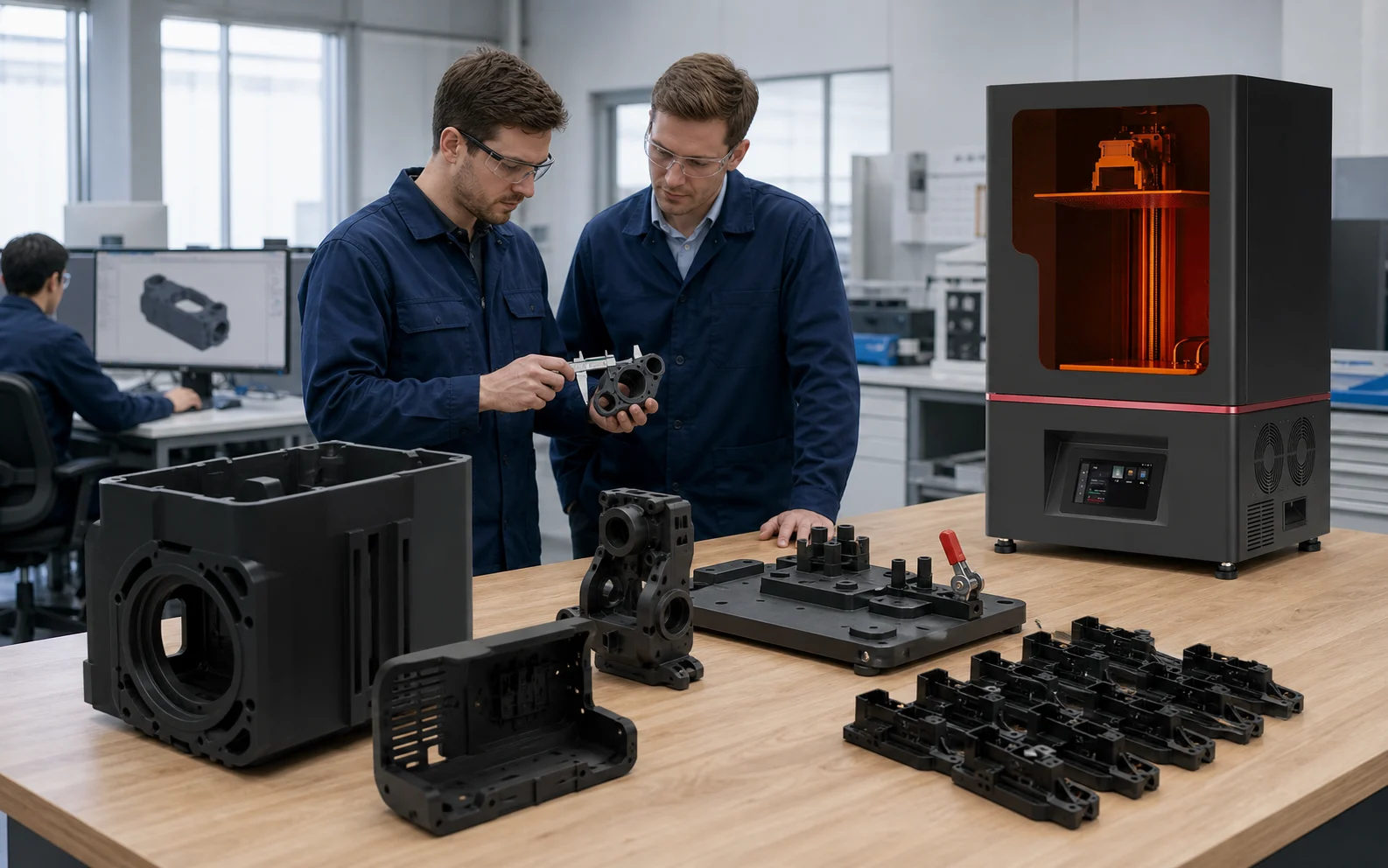 Engineering team reviewing large resin prototypes, housings, jigs and validation parts produced in an industrial workflow