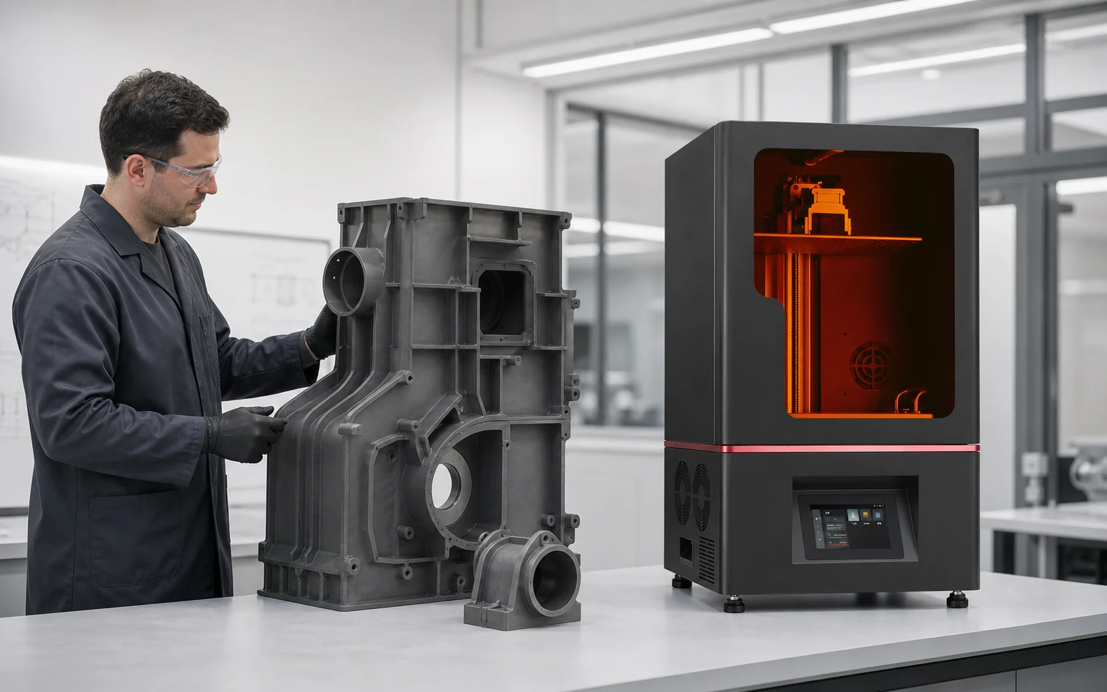 Large industrial resin prototype and housing parts beside an Eternal M2 printer