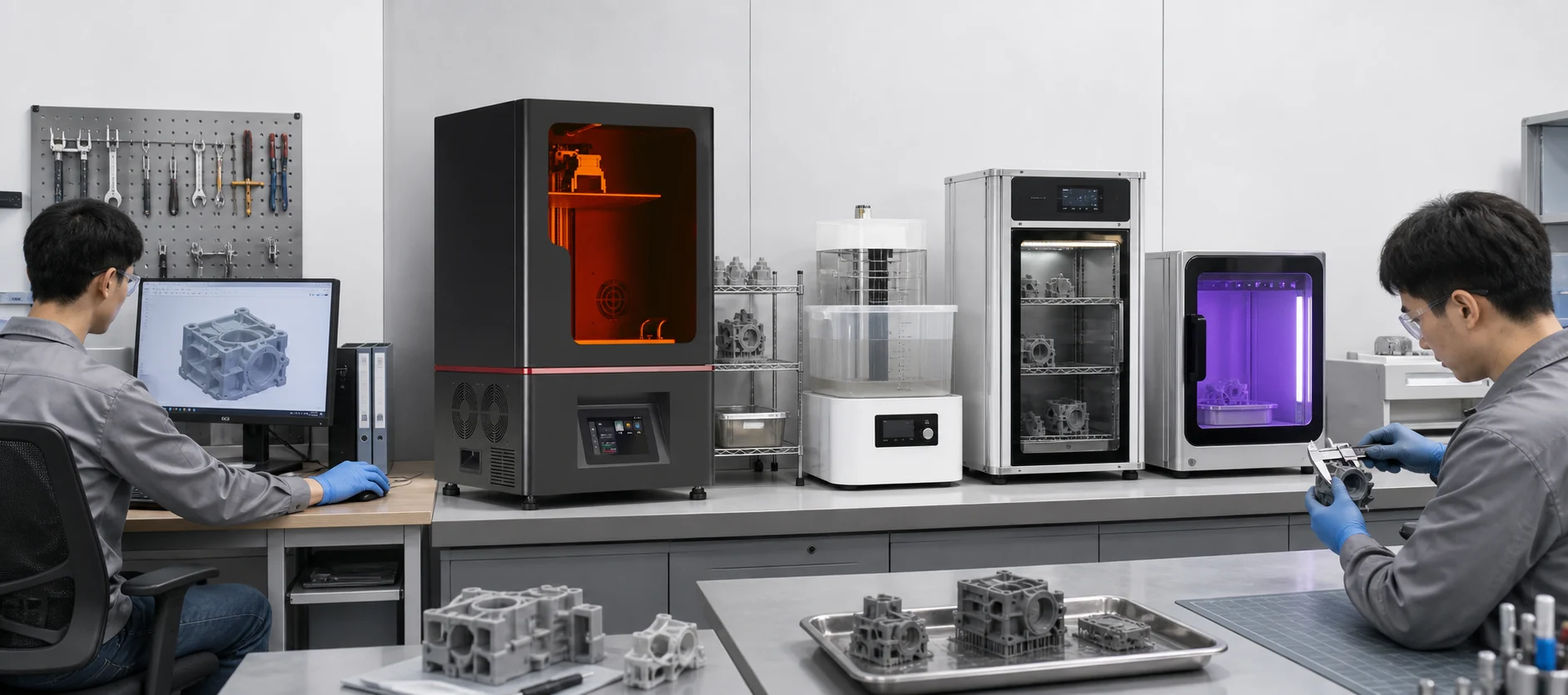 Industrial resin 3D printing workflow from CAD review through Eternal M2 printing, washing, drying, UV post-curing and final inspection