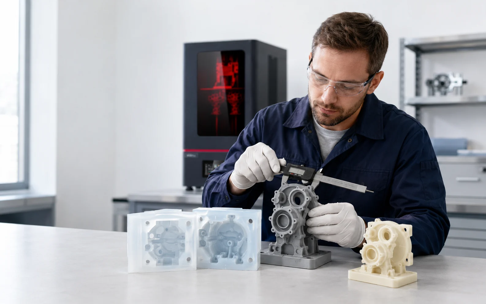 Engineer inspecting a finished resin master pattern prepared for metal casting mold validation