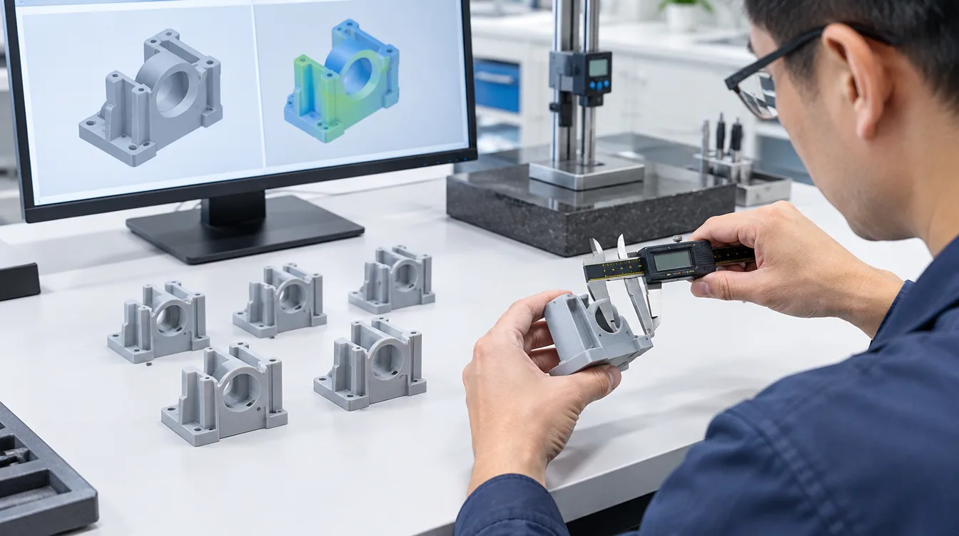 Engineer measuring fully post-processed resin 3D printed test parts during dimensional deviation inspection against CAD.