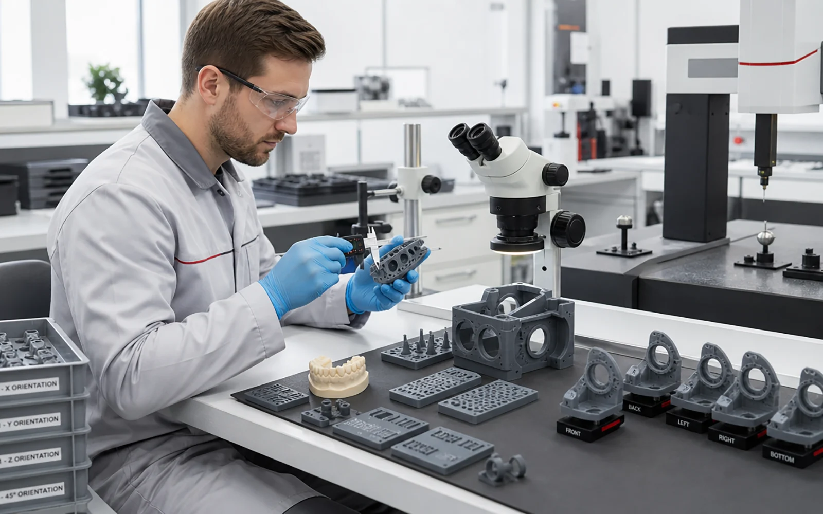 Engineer measuring resin printed test parts after washing drying and UV post-curing