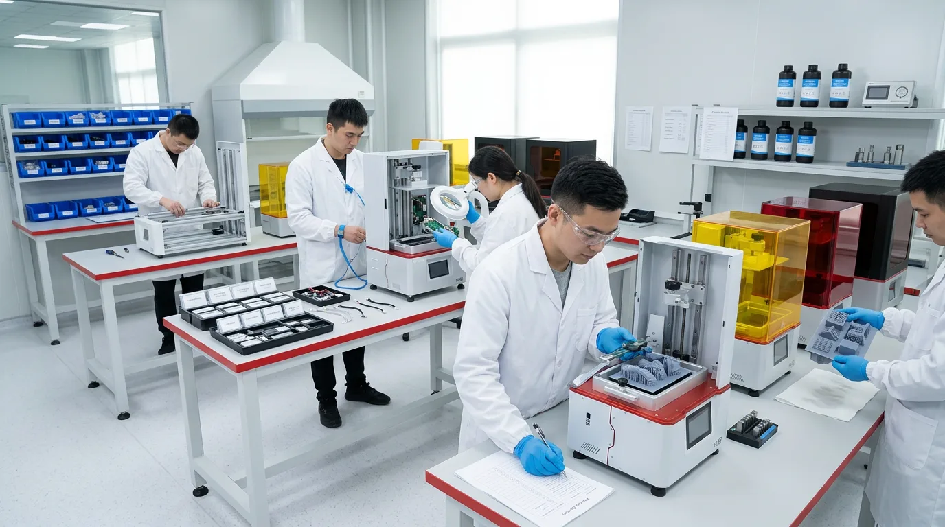 Industrial resin 3D printer manufacturer facility with equipment assembly and quality inspection