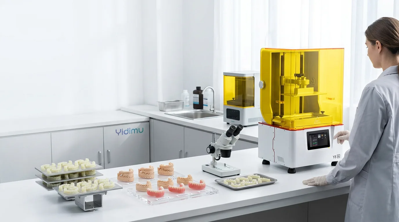 Dental laboratory production workflow with a resin 3D printer, dental models and post-processing stations