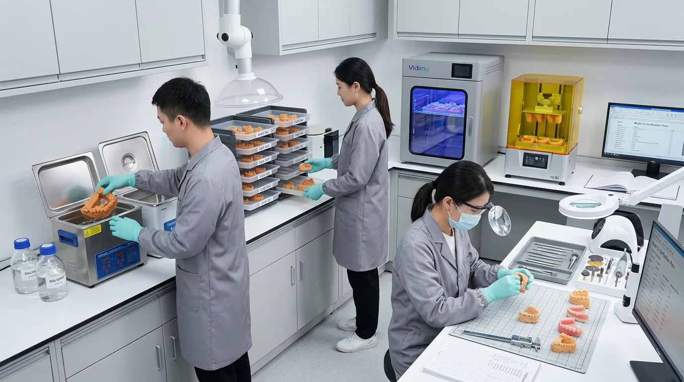 Dental lab post-processing area with washing, drying, UV curing, finishing and inspection stations