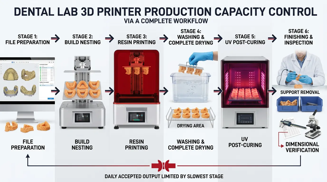 Workflow diagram showing dental model file preparation, batch printing, washing, drying, UV curing and inspection