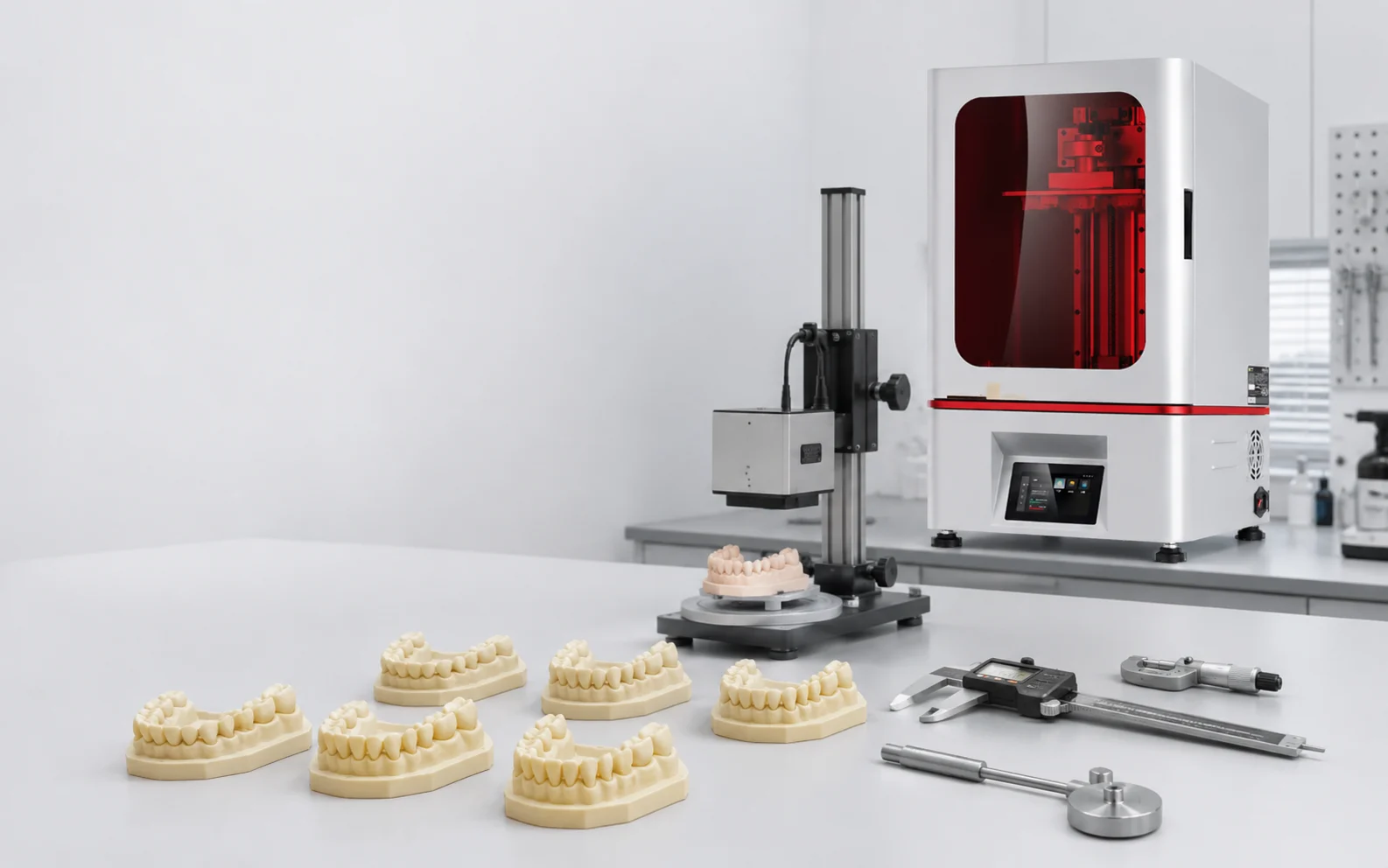 Dental model 3D printing accuracy test with repeated cured models and dimensional inspection tools in a dental laboratory.